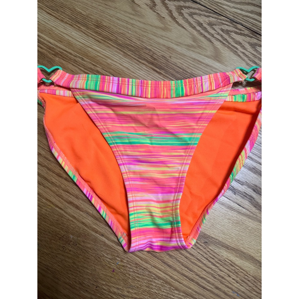 No Boundaries Neon Striped Bikini Bottoms Pink Orange Green Heart Detail Large